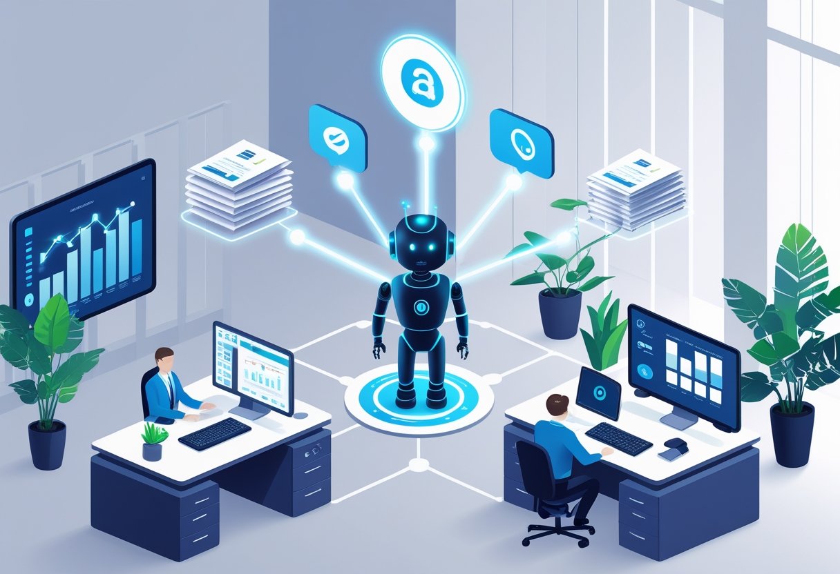 AI agent in a modern office automating five processes: document management, customer support, scheduling, invoicing, and analytics.